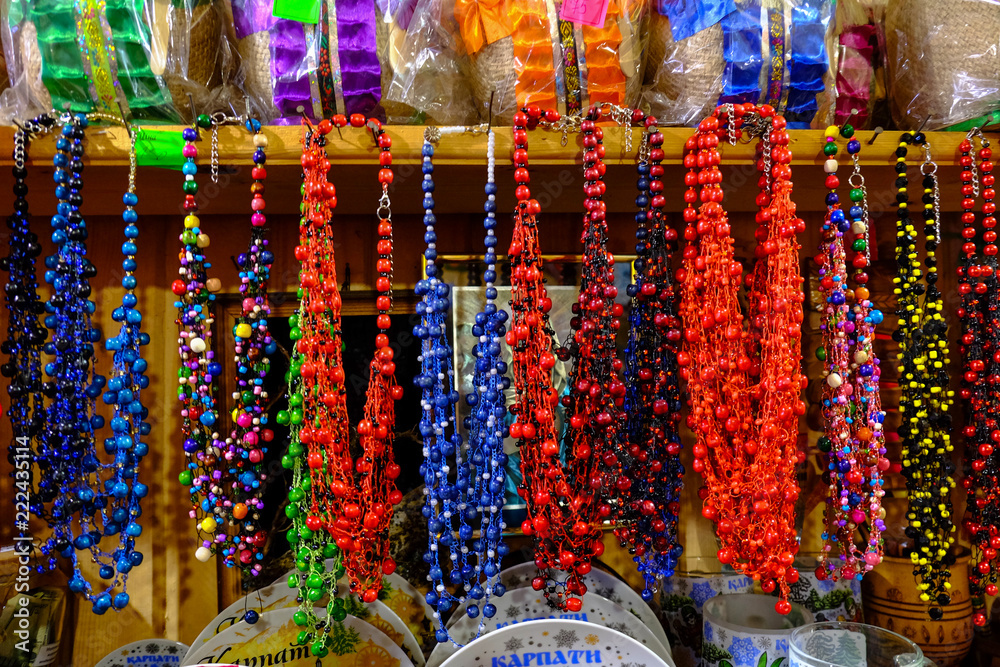 Fototapeta premium souvenirs, beads, street trade, Yablunivskyi pass, Carpathians, Ukraine