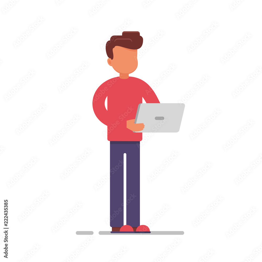 anonymous employee with laptop computer sending email or working online. vector illustration isolated on white background. anonymous employee with laptop computer sending email or working online. vector illustration isolated on white background.
