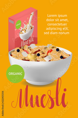 Vector realism style poster, site or banner template with illustration muesli in bowl