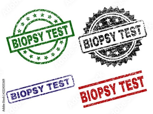 BIOPSY TEST seal prints with corroded surface. Black, green,red,blue vector rubber prints of BIOPSY TEST label with corroded style. Rubber seals with circle, rectangle, medallion shapes.