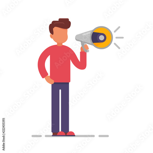Vector illustration in flat style on theme business promotion, advertising, online alerting. man call in mouthpiece