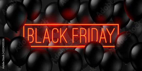 Black friday sale design. Black balloons and red neon glowing signboard. Vector illustration.
