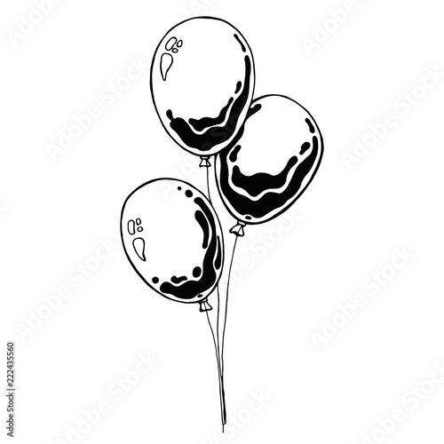Three balloons on a string. Hand drawn, isolated on a white background. Vector illustration.