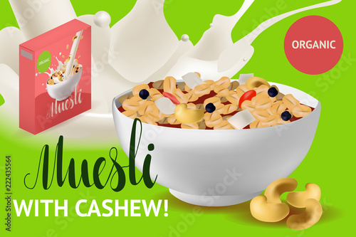 Vector realism style poster, site or banner template with illustration muesli in bowl