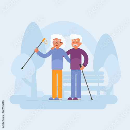Old people sport activities. Happy Senior Couple making nordic walking In the Park. Vector illustration 