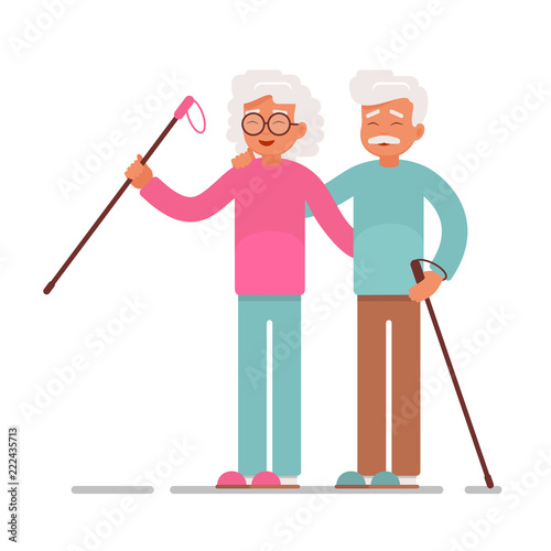 Old people sport activities.Happy Senior Couple making nordic walking. Vector illustration isolated from white background