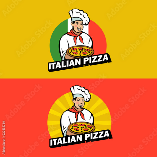 Italian chef. Pizza maker prepares a pizza. Vector logo.