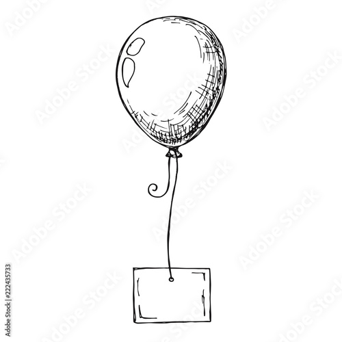 Sketch of a balloon with a card on a rope. Place for text, congratulations. Vector illustration