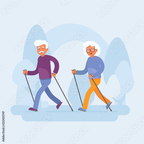 Old people sport activities. Happy Senior Couple making nordic walking In the Park. Vector illustration 