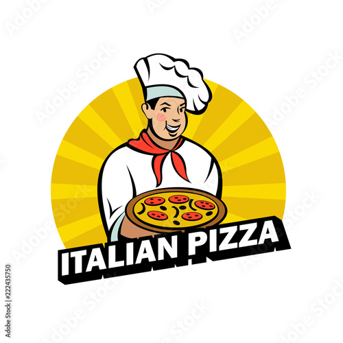 Italian chef. Pizza maker prepares a pizza. Vector logo.