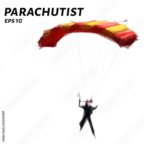 Parachutist from triangles. Low poly skydiver. Vector illustration.