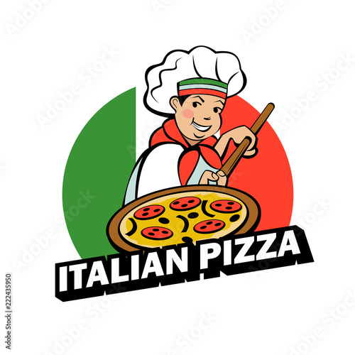 Italian chef. Pizza maker prepares a pizza. Vector logo.