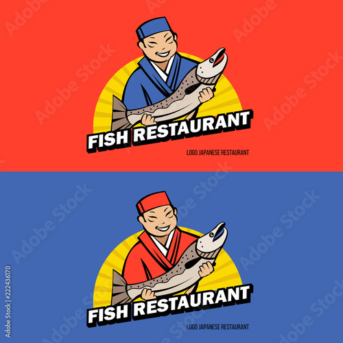 A Japanese chef has fresh fish. Vector logo of fish restaurant.