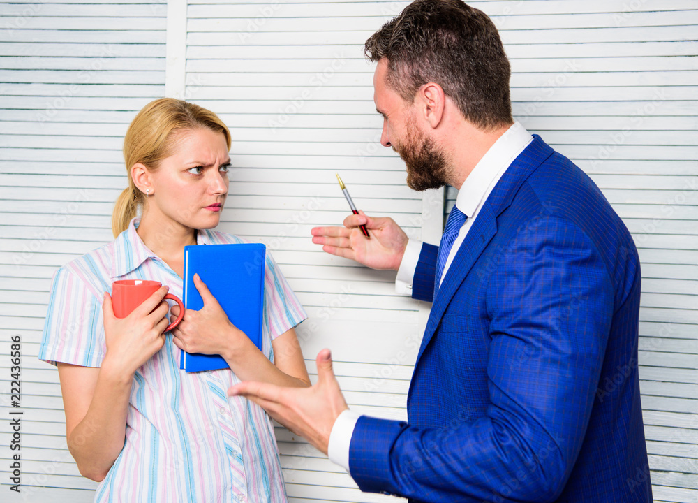Prejudice and personal attitude to employee. Office quarrel concept. Misunderstanding between colleagues. Tense conversation or quarrel between colleagues. Boss and worker discuss working plan Prejudice and personal attitude to employee. Office quarrel concept. Misunderstanding between colleagues. Tense conversation or quarrel between colleagues. Boss and worker discuss working plan