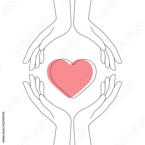 Two pairs of hands surround the heart. Contour image. Concept love, charity, romance. Vector illustration