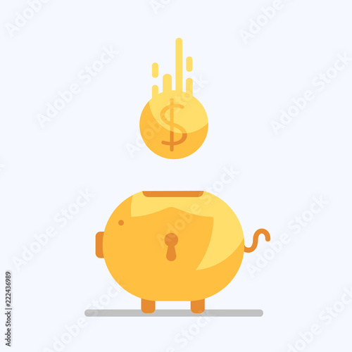 Vector large yellow protected piggy Bank in the form of a pig on a white background. falling dollar gold coin into the moneybox