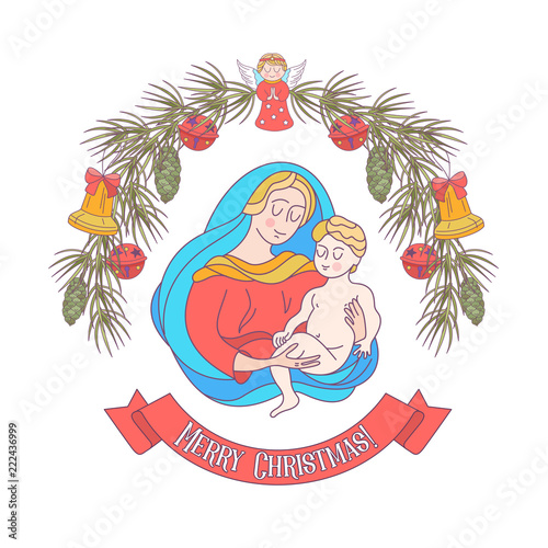 Merry Christmas. Vector greeting card. The virgin Mary and the baby Jesus.