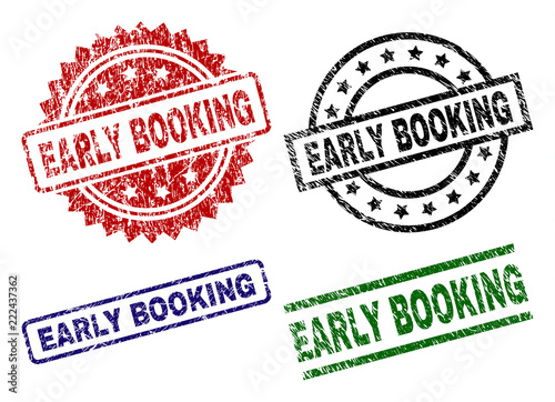EARLY BOOKING seal prints with corroded surface. Black, green,red,blue vector rubber prints of EARLY BOOKING text with unclean surface. Rubber seals with round, rectangle, rosette shapes.