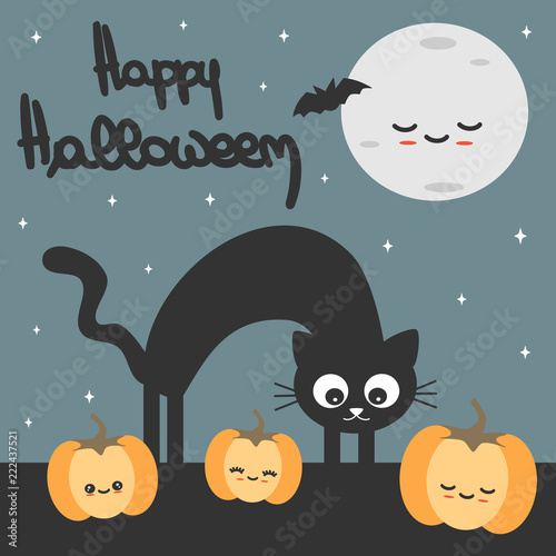 cute hand drawn lettering happy halloween cartoon vector card with black cat  pumpkins and moon