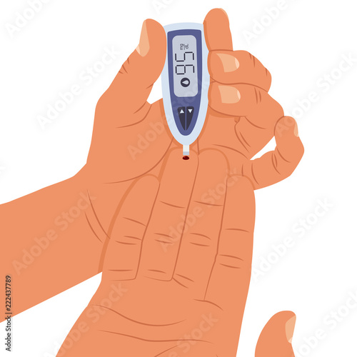 Blood sugar level test. Diabetes vector medical concept illustration of hands with glucose meter machine isolated on white background.