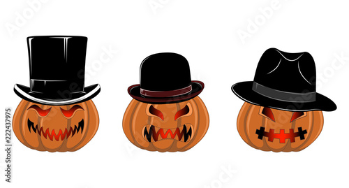 Set of vector images of pumpkins in hats.