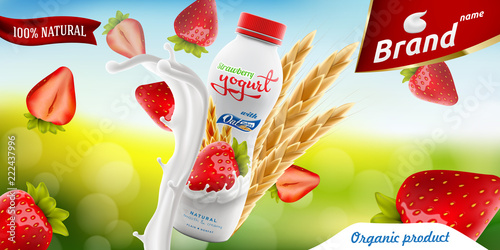 Strawberry Drinking yogurt bottle with oats on bright summer background branding ready commercial flyer realistic illustration