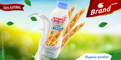 Blank drinking yogurt bottle with oats on bright summer background branding ready commercial flyer realistic illustration