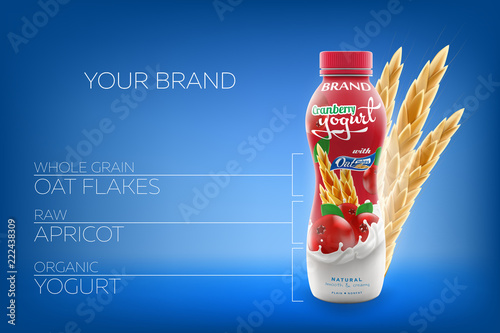 Vector ads of natural drinking yogurt with oats and raw cranberry bottle branding ready commercial infographic flyer realistic illustration
