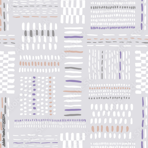 Hand drawn tribal marks, stitches on light grey background vector seamless pattern. Fresh abstract geometric drawing