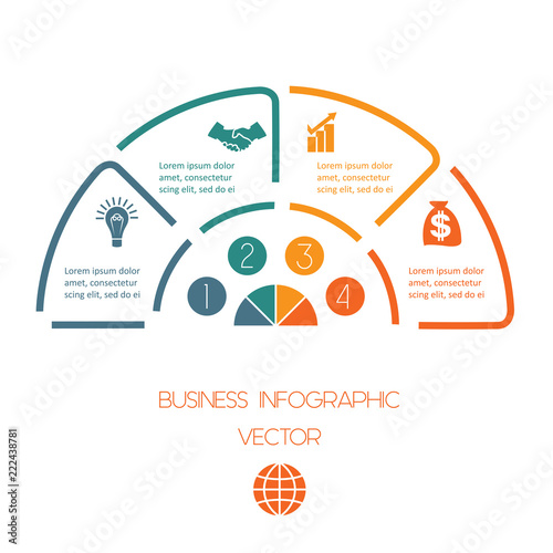 Infographic Semicircle template from colourful lines with text areas on four positions. Business infographic