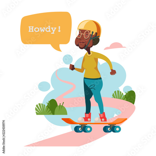 Older people lead an active lifestyle. Old people play sports. Grandma is a skateboarder. Vector illustration.