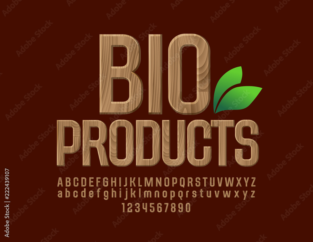 Naklejka premium Vector Natural Wood Bio Products Font. Eco Tree Pattern Alphabet Letters, Numbers and Symbols.