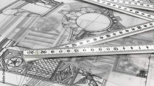 Wallpaper Mural Blueprints - architectural drawings, yardstick - folding ruler smoothly rotate on the surface of the drawings of antique decorative elements of architectural orders	 Torontodigital.ca