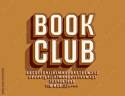 Vector Stylish Sign Book Club. Cool Font. Bright 3D Alphabet Letters, Numbers and Symbols