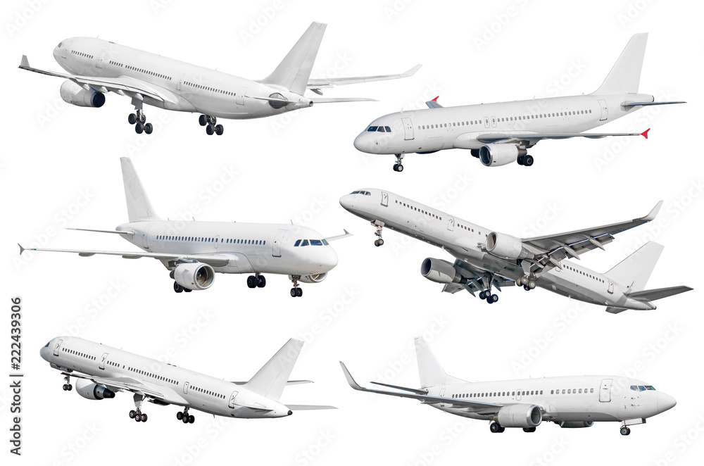 Set of six aircraft isolated from the white background.