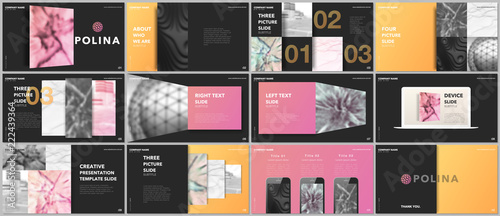 Minimal presentations design, portfolio vector templates with elements on black background. Multipurpose template for presentation slide, flyer leaflet, brochure cover, report, marketing, advertising.
