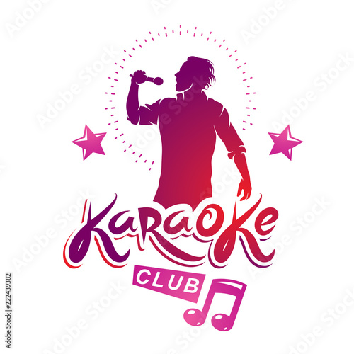 Karaoke club flyers vector cover design created using musical notes, stars and soloist singing to microphone. Emcee show advertising poster
