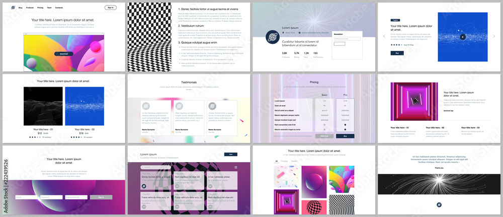 Vector templates for website design, minimal presentations, portfolio with vibrant colorful abstract gradient backgrounds. UI, UX, GUI. Design of headers, dashboard, testimonials, e-commerce page etc.