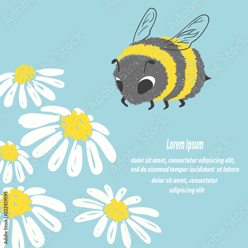 Hand drawn cute bee and flowers. Vector summer illustration.