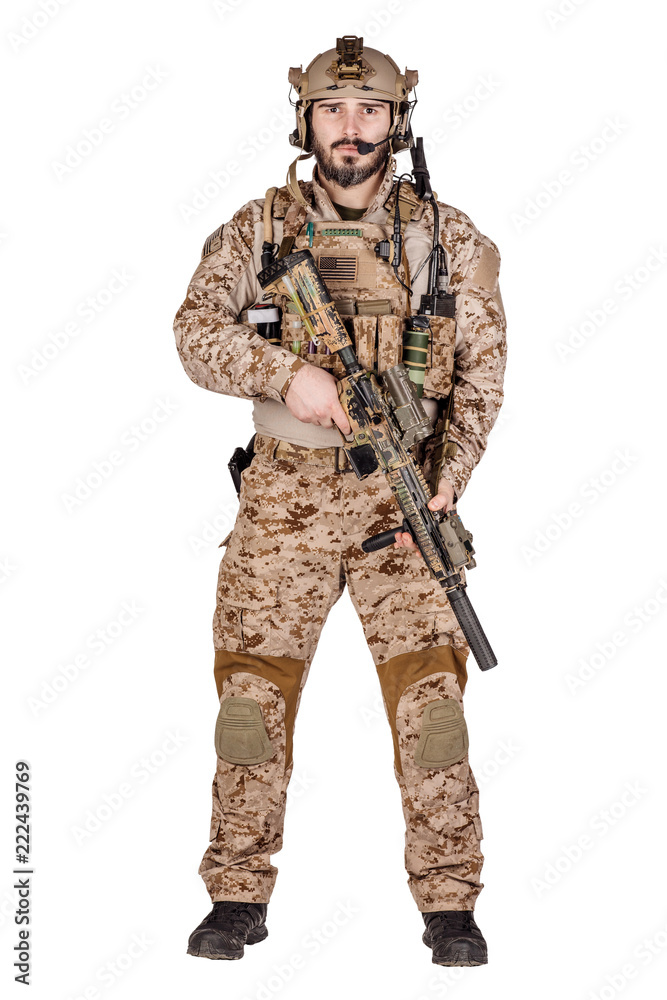 Special forces soldier with rifle on white background. army, military and people concept Special forces soldier with rifle on white background. army, military and people concept