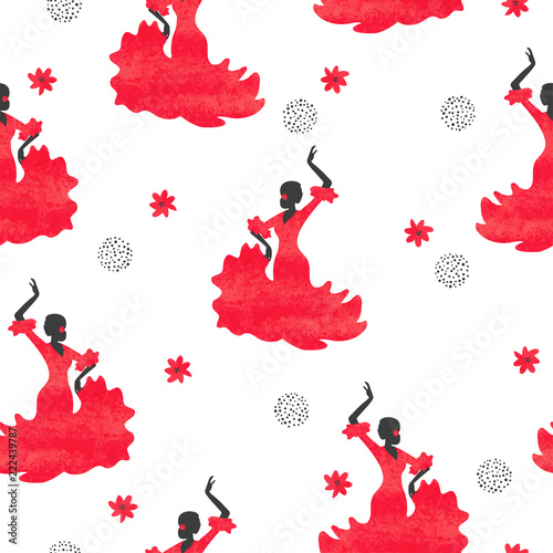 Seamless watercolor flamenco dancer pattern.