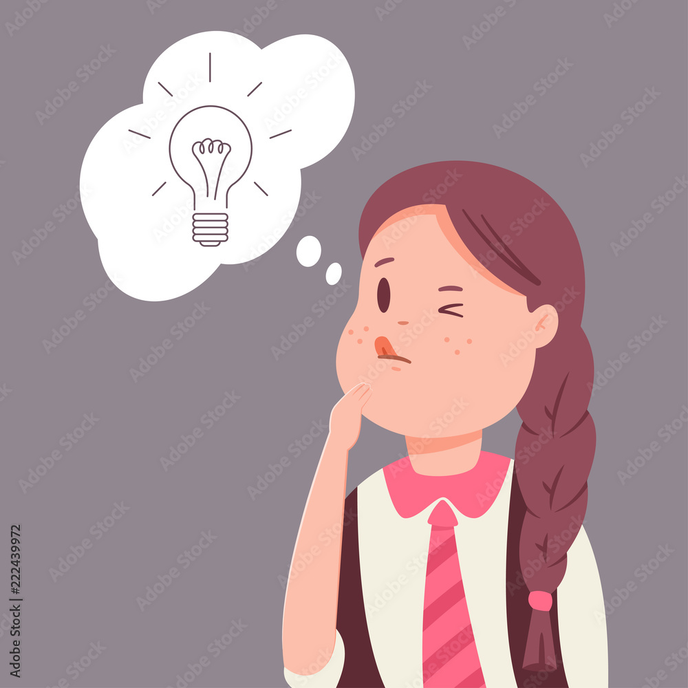 School girl have idea. Vector cartoon character of a cute child with a light bulb in speech bubble isolated on background. School girl have idea. Vector cartoon character of a cute child with a light bulb in speech bubble isolated on background.