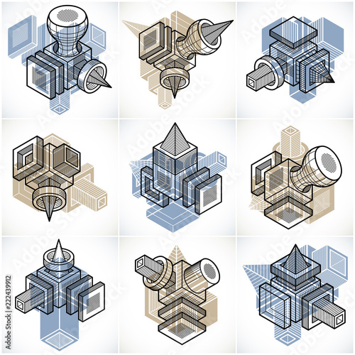 Engineering abstract geometric shapes, simple vectors set.