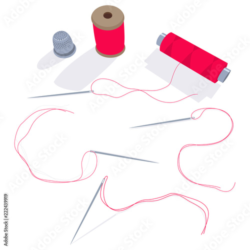 Needle, spool of thread and thimble vector cartoon set of elements for sewing and needlework isolated on white background.