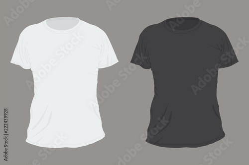 Black and white T-shirt front view vector flat template isolated on background.