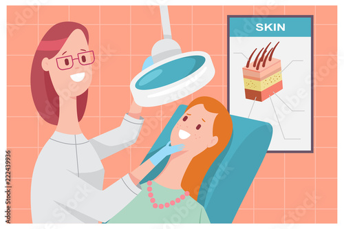 Woman on a dermatologist consultation. Vector cartoon character of doctor cosmetologist and patient in clinic.