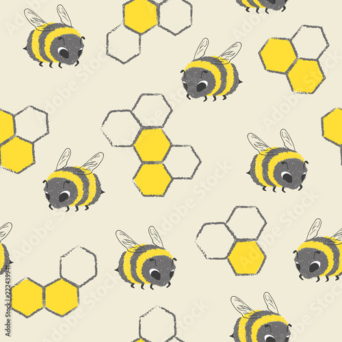 Seamless cute bees pattern. Vector honey illustration.