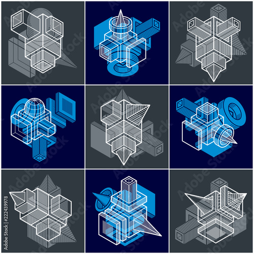 3D designs, set of abstract vector shapes.