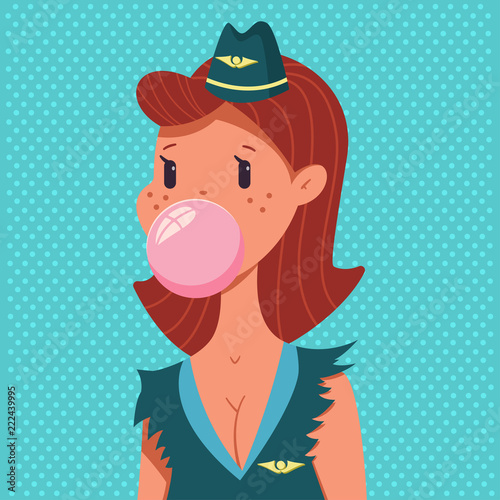 Cute pin up girl in stewardess costume with bubble gum. Vector cartoon woman character in pop art vintage style isolated in background.