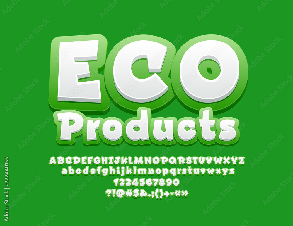 Vector Logo Eco Products with Bright Font. Green and White Play Children Alphabet. Vector Logo Eco Products with Bright Font. Green and White Play Children Alphabet.